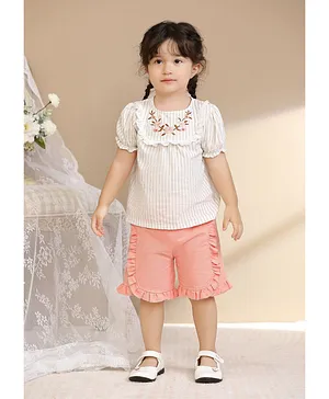 Smart Baby Floral Embroidered & Striped Top & Shorts Set - White