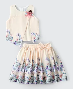Babyqlo Floral & Bow Embellished Top with Skirt Set - Multicolor