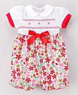 Rock a Bye Baby Floral Smocked Romper - Red