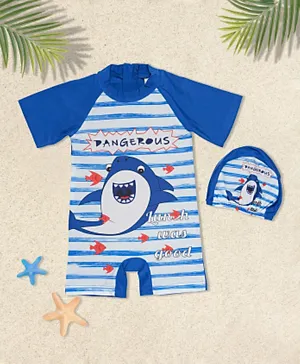 Babyqlo Dangerous Shark Printed Swimsuit With Cap - Blue And White