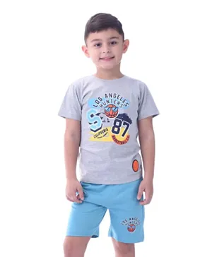 Victor and Jane Cotton Basketball Graphic T-Shirt & Shorts Set - Grey/Blue