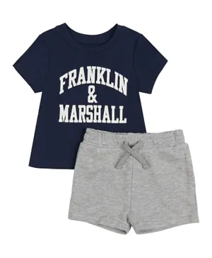 Franklin & Marshall Vintage Arch Logo T-Shirt and Shorts Set - Navy Blue & Grey