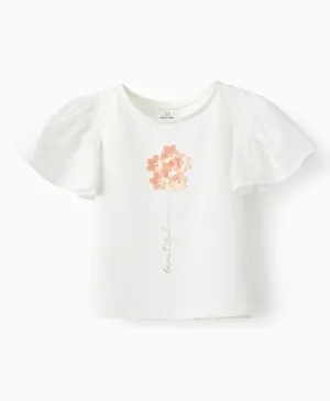 Zippy 3D Flowers Embellished Short Ruffled Sleeves Top - White