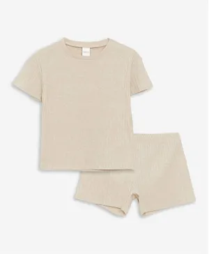 LC Waikiki Solid Crew Neck Ribbed T-shirt & Shorts/Co-ord Set - Light Beige