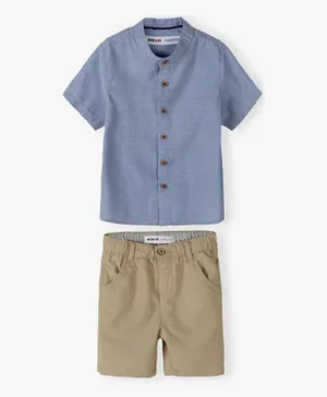 Minoti Cotton Solid Shirt & Shorts Set - Blue/Beige