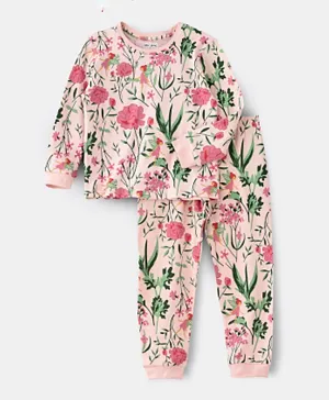 Little Story Floral Printed Nightsuit- Light Pink