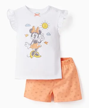 Zippy Minnie Mouse Printed T-Shirt & Shorts Set - White & Orange
