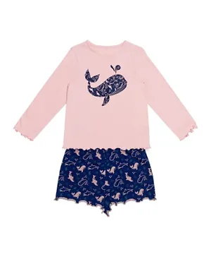 GreenTreat Organic Cotton All Over Whales Print T-Shirt & Shorts Set - Navy Blue/Pink