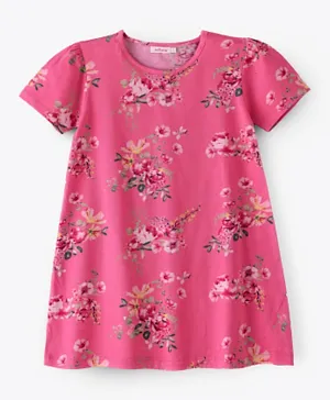 Jelliene Round Neck Floral Print Dress - Pink