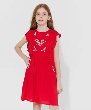 Neon Embroidery Detail Ruffle Sleeves Dress - Red