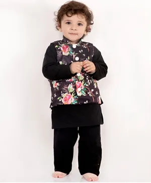 Little Bansi Full Sleeves Kurta With Floral Print Jacket & Pajama - Black