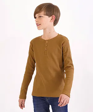 Minoti Basic Waffle Henley T-Shirt - Brown