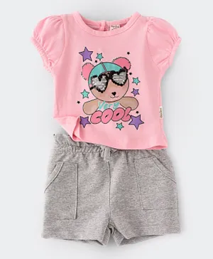 Babyqlo Very cool Bear with Sequins Glass Tee with Shorts Set - Pink