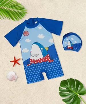 Babyqlo Shark With The Scarf Printed Swimsuit With Cap - Blue