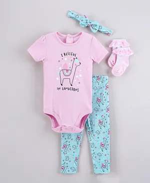 Lily and Jack Lamacorn Bodysuit with Leggings And Socks and Headband Set - Pink