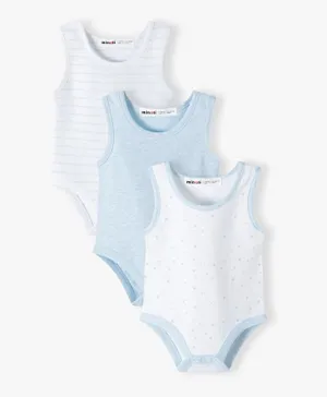 Minoti 3-Pack Cotton All Over Stars Printed With Striped & Solid Vest Bodysuits - White/Blue