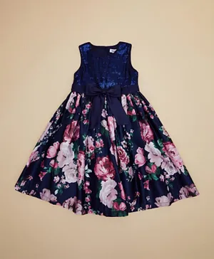 R&B Kids Sequin Detail Floral Embellished Dress - Blue