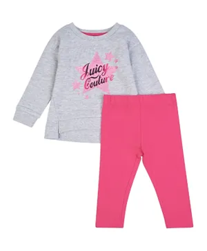 Juicy Couture Logo Graphic Crew Neck Sweatshirt and Leggings Set - Grey & Pink