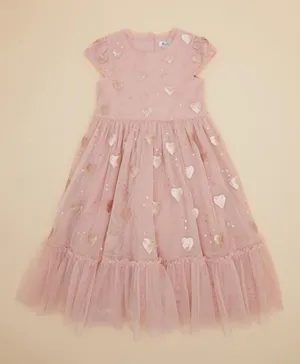 R&B Kids Heart Shapes Sequinned Mesh Dress - Pink