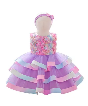 Hashqlo Applique Layered Party Dress With Headband - Purple