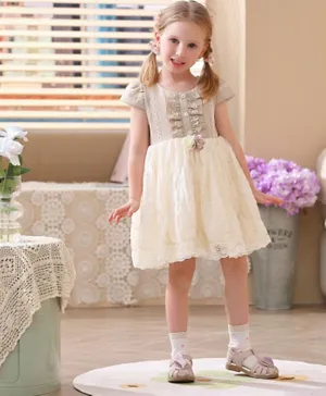 Smart Baby Lace & Flower Applique Party Dress - Off White