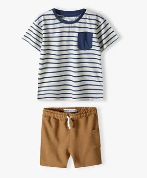 Minoti Striped T-Shirt and Fleece Short Set - Blue & Tan