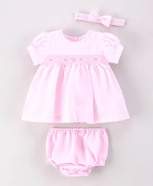 Rock a Bye Baby Floral Smocked Dress With Bloomer And Headband Set - Pink