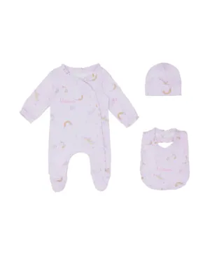 Little IA 3-Piece Organic Cotton Unicorn Printed Ruffled Sleep Suit Set With Bib & Cap - Pink