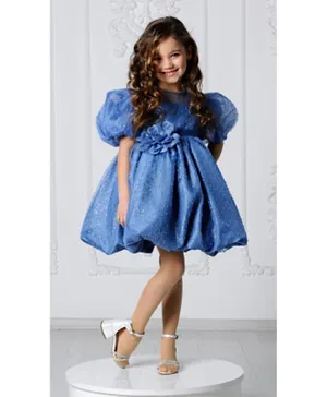Liba Fashion Meera Luxury Embellished  Puffed Sleeves Floral Party Dress - Blue