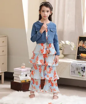 Le Crystal Double Ruffle Party Jumpsuit With Full Sleeve Denim Jacket - Multicolor