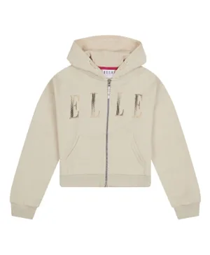 Elle Oversize Zip Through Graphic Hooded Jacket - Beige