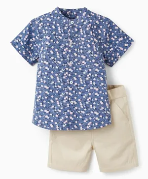 Zippy Cotton Floral Printed Shirt & Solid Shorts Set - Blue/Beige