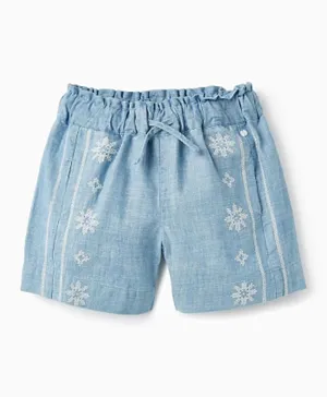 Zippy Cotton Embroidered Denim Shorts - Blue