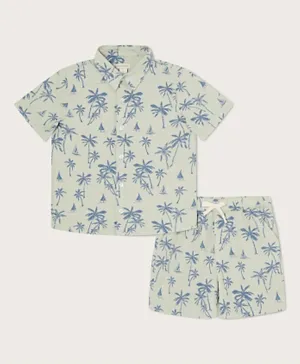 Monsoon Children Palm Printed Shirt And Shorts - Blue And Off White