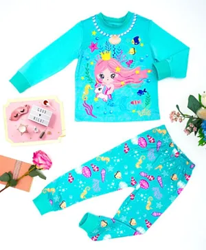 Babyqlo Cotton Stretch Mermaid & Unicorn Glow-in-the-Dark Full Sleeves Graphic T-Shirt & All Over Printed Pyjama Set - Blue