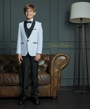 Liba Fashion 4 Piece Suit With Solid Shirt Blazer Trousers Waistcoat & Bow Tie - White