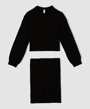 DeFacto Round Neck Top & Skirt Set - Black