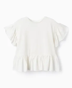 Zippy Cotton T-shirt with Ruffles - White