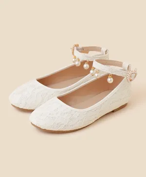 Monsoon Children Lace And Pearl Ankle Strap Ballerinas - Ivory
