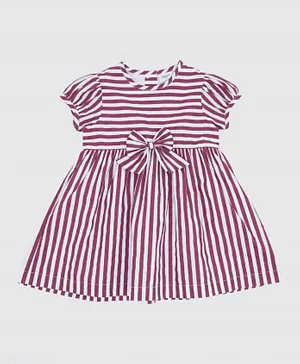 R&B Kids Puffed Sleeves Striped Front Tie Up Bow Dress - Purple