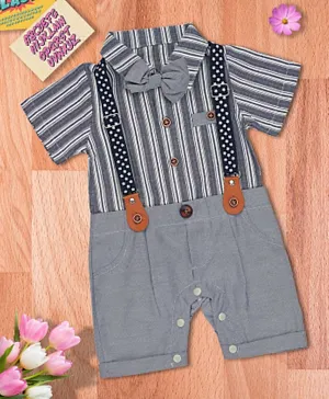 Babyqlo Striped Romper With Suspender And Bow - Grey