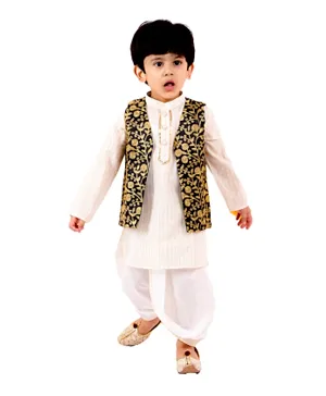 Little Bansi Full Sleeves Kurta With Floral Golden Embroidered Jacket & Dhoti - Cream