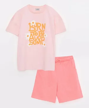 LC Waikiki Crew Neck Floral T-Shirt and Shorts - Pink