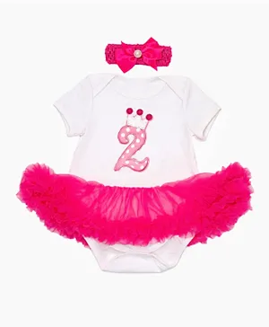 Babyqlo 2nd Birthday Frilled Tutu Dress with Headband Set - White & Pink