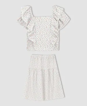 DeFacto Floral Knitted  Top & Skirt Set - White