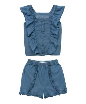 Minoti Cotton Solid Chambray Frilled Top & Shorts/Co-ord Set - Denim Blue