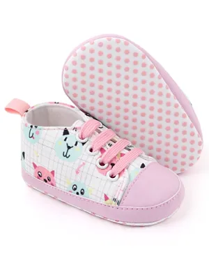 Babyqlo Kitty Printed Lace Up Booties - Pink