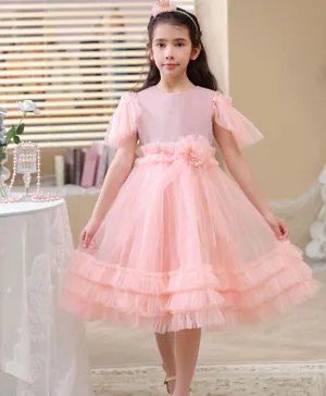 Le Crystal 3D Floral Applique Tie-Up Belt Detailed Net Sleeves Tulle Party Dress - Pink