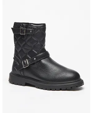 Flora Bella by Shoexpress Quilted High Cut Boots with Buckle Detail and Zip Closure - Black