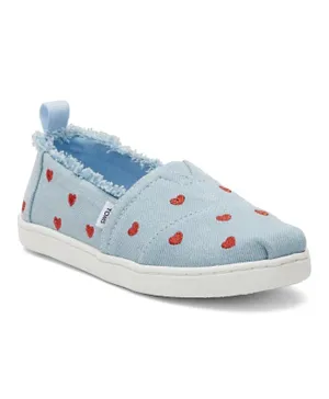 Toms Washed Denim Metallic Embroidered Hearts Youth Espadrilles - Pastel Blue